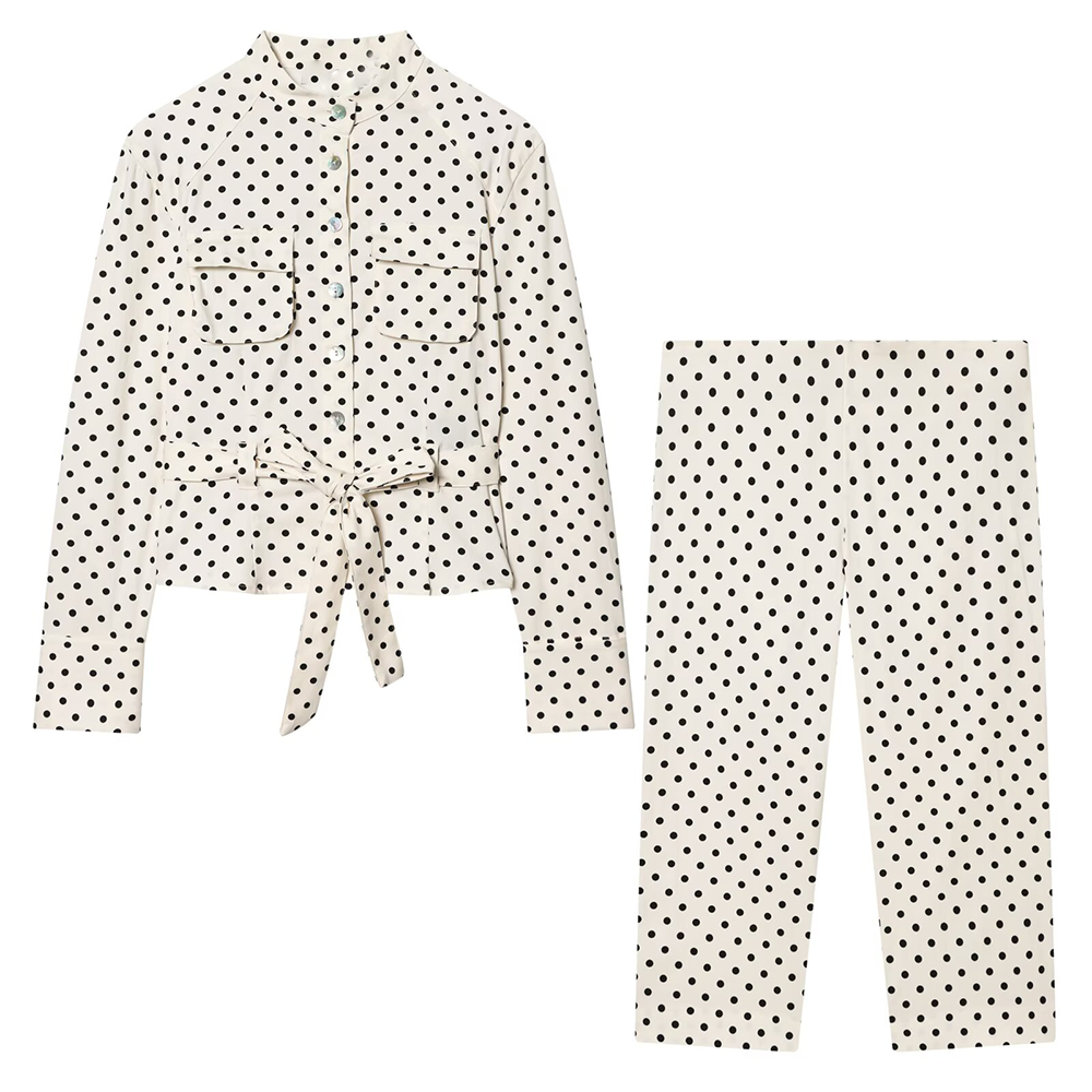 suit Women's 2 pieces With Belt polka dot shirt style Coat+Pants