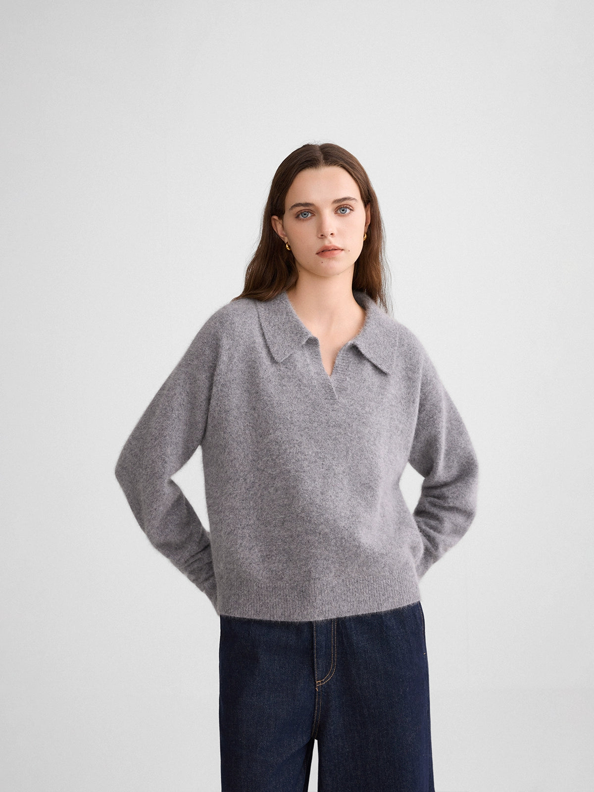The rumah fox fleece POLO neck knitted sweater, cloud mousse retro V-neck long-sleeved knitted POLO shirt