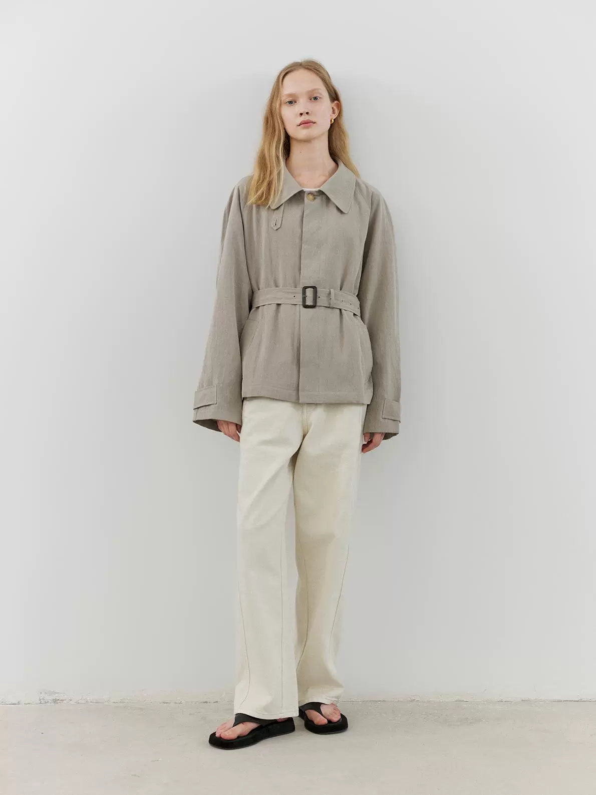 The rumah grey short buckle trench coat, Lyocell imitation hemp soft drop trench coat