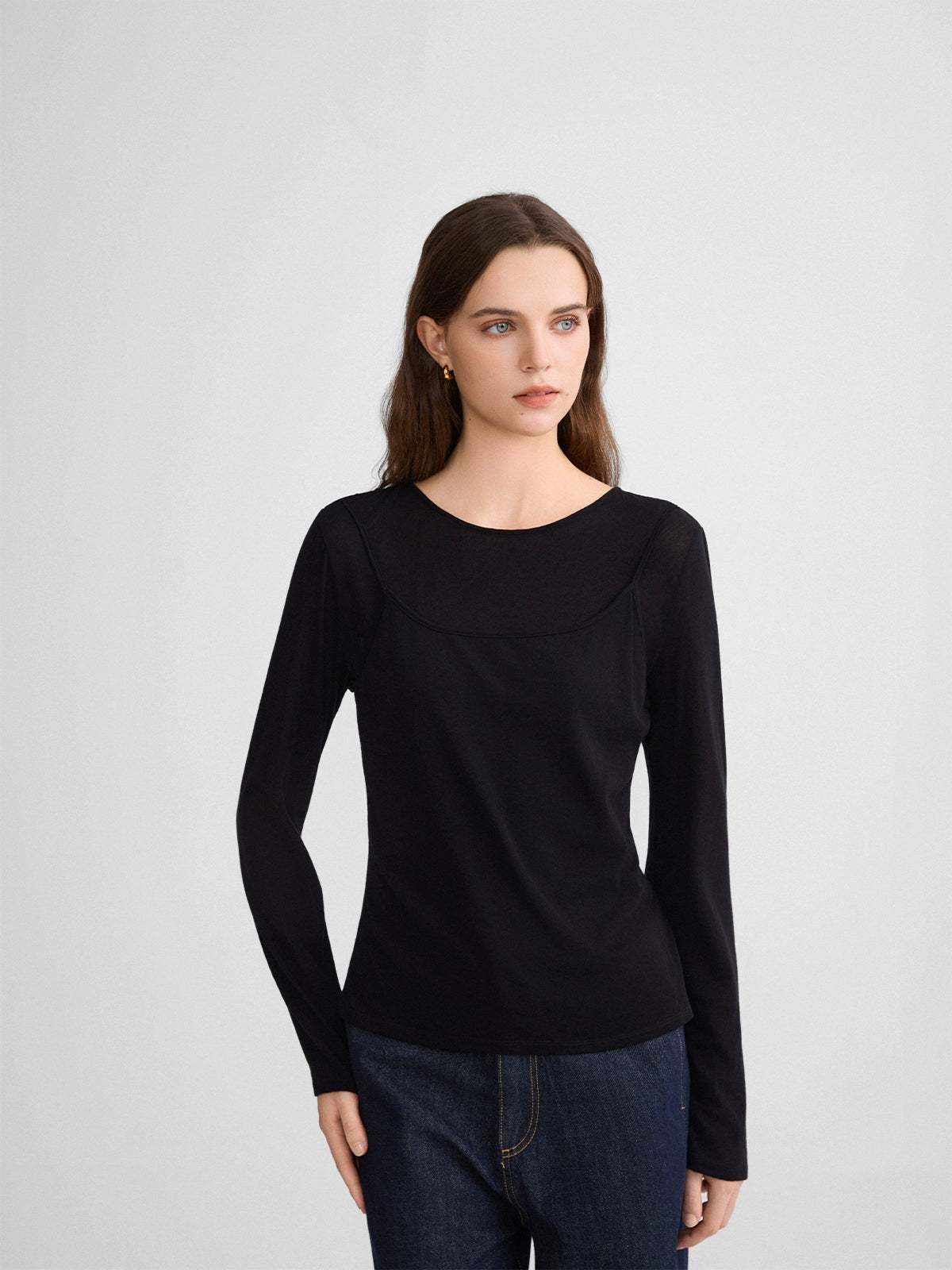 Therumah fake two-piece suspender T-shirt, imported fabric MIU style stacked autumn versatile slim-fitting bottoming shirt