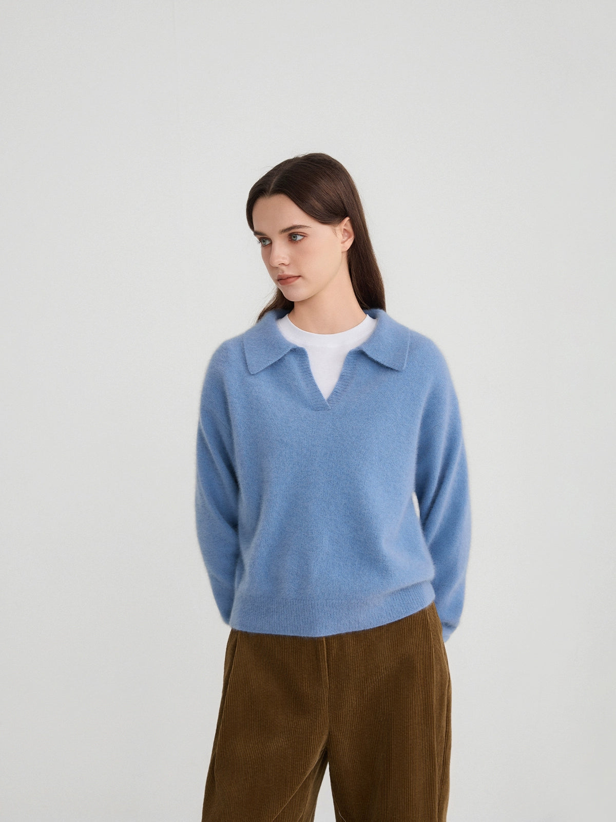 The rumah fox fleece POLO neck knitted sweater, cloud mousse retro V-neck long-sleeved knitted POLO shirt