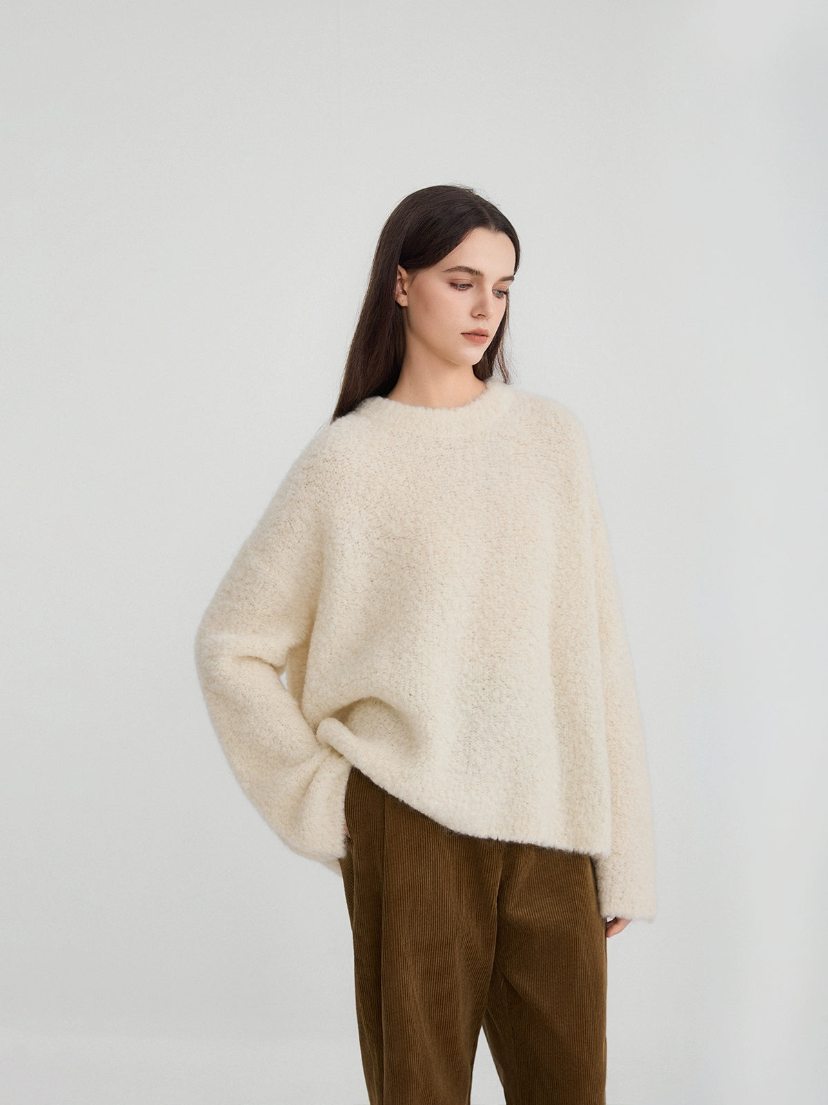 Therumah milk white teddy silhouette sweater three-dimensional cut alpaca chicory soft waxy loop yarn knitted sweater