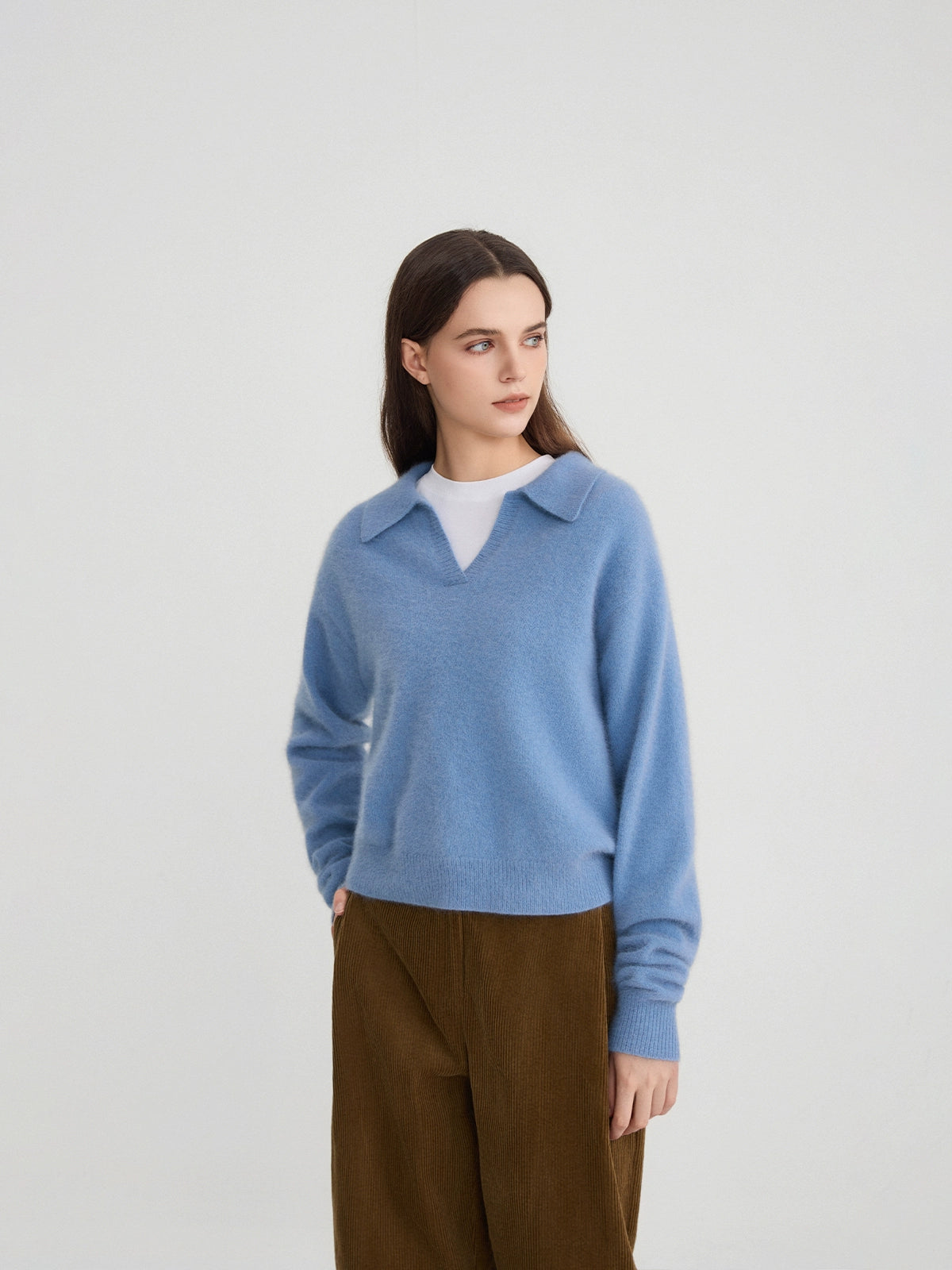 The rumah fox fleece POLO neck knitted sweater, cloud mousse retro V-neck long-sleeved knitted POLO shirt