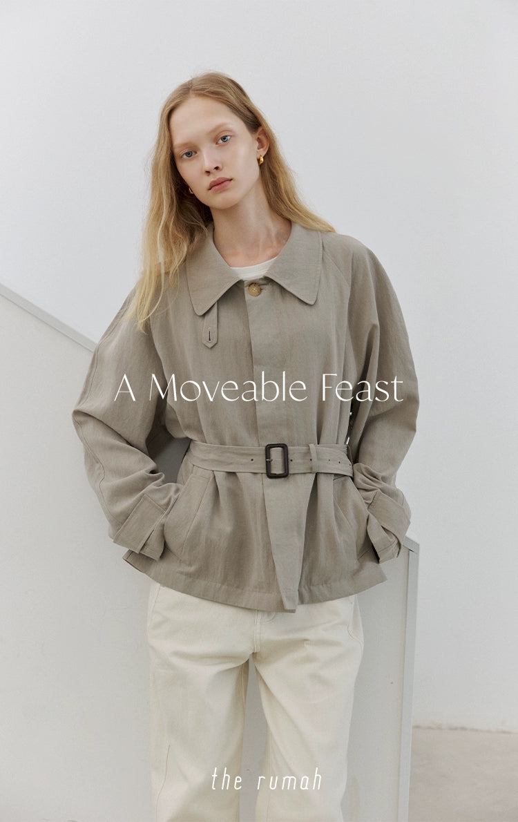 The rumah grey short buckle trench coat, Lyocell imitation hemp soft drop trench coat