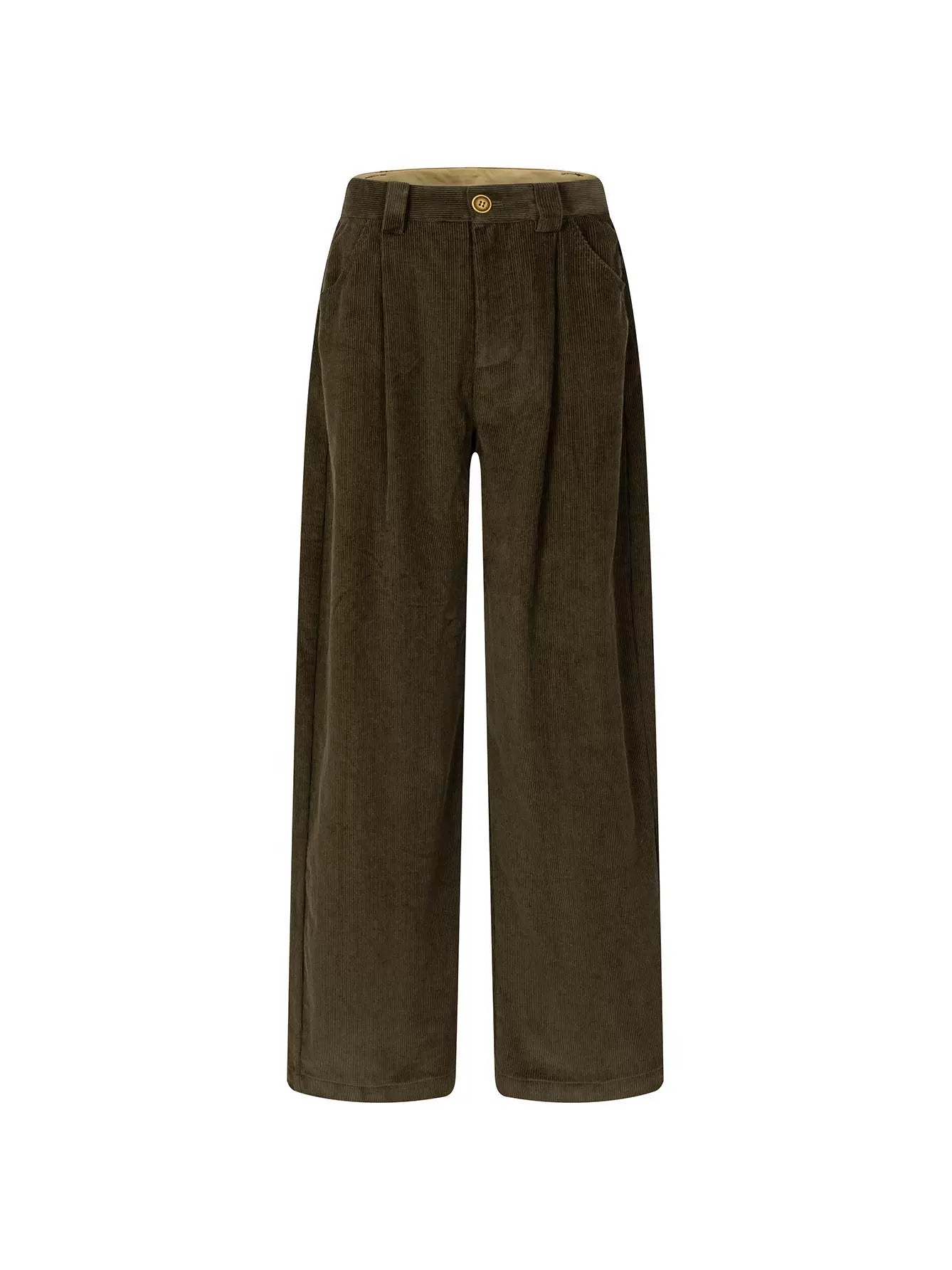 Discount special the rumah brown corduroy casual pants, retro high-waisted versatile trousers, velvet three-dimensional