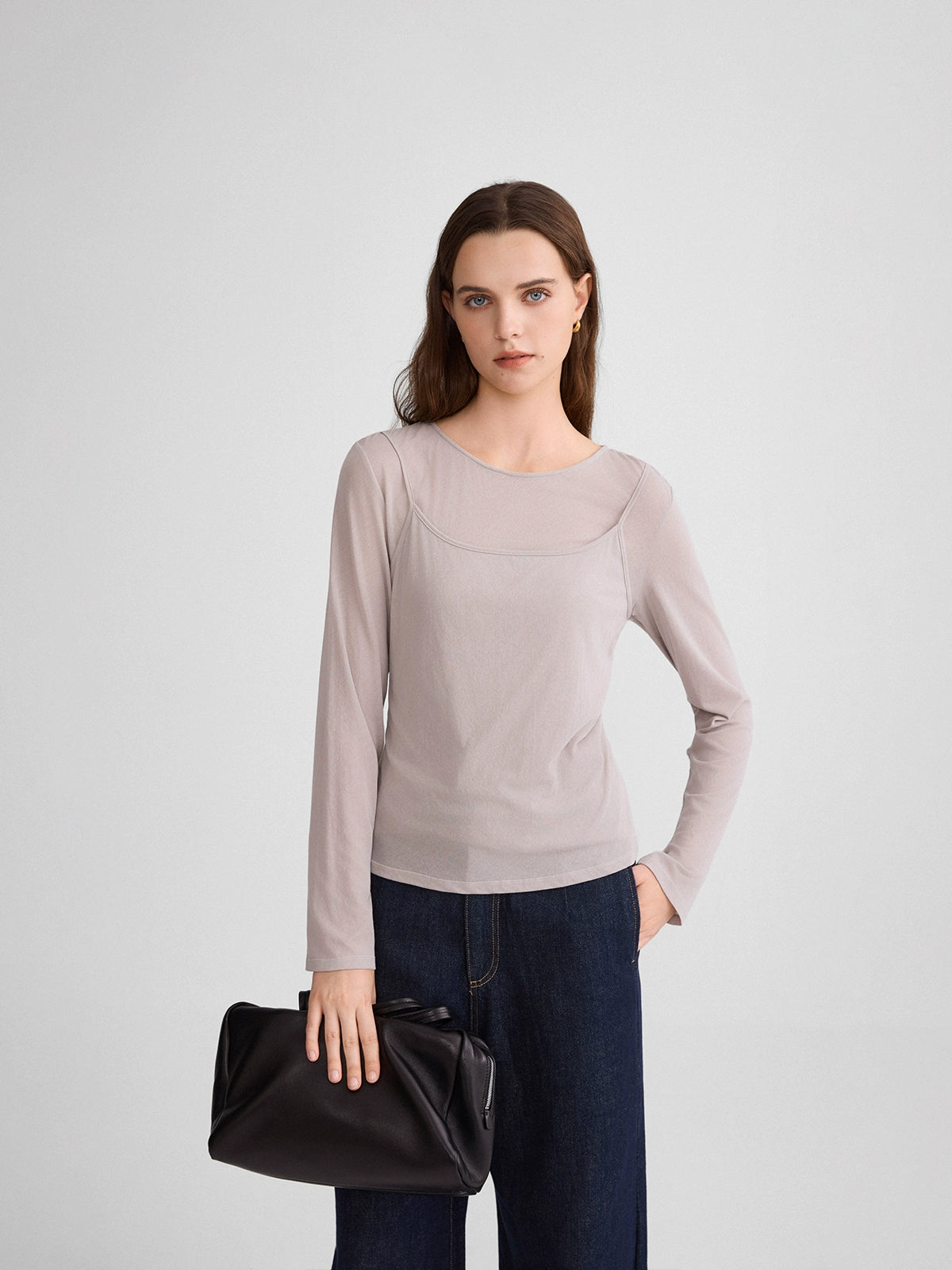 Therumah fake two-piece suspender T-shirt, imported fabric MIU style stacked autumn versatile slim-fitting bottoming shirt