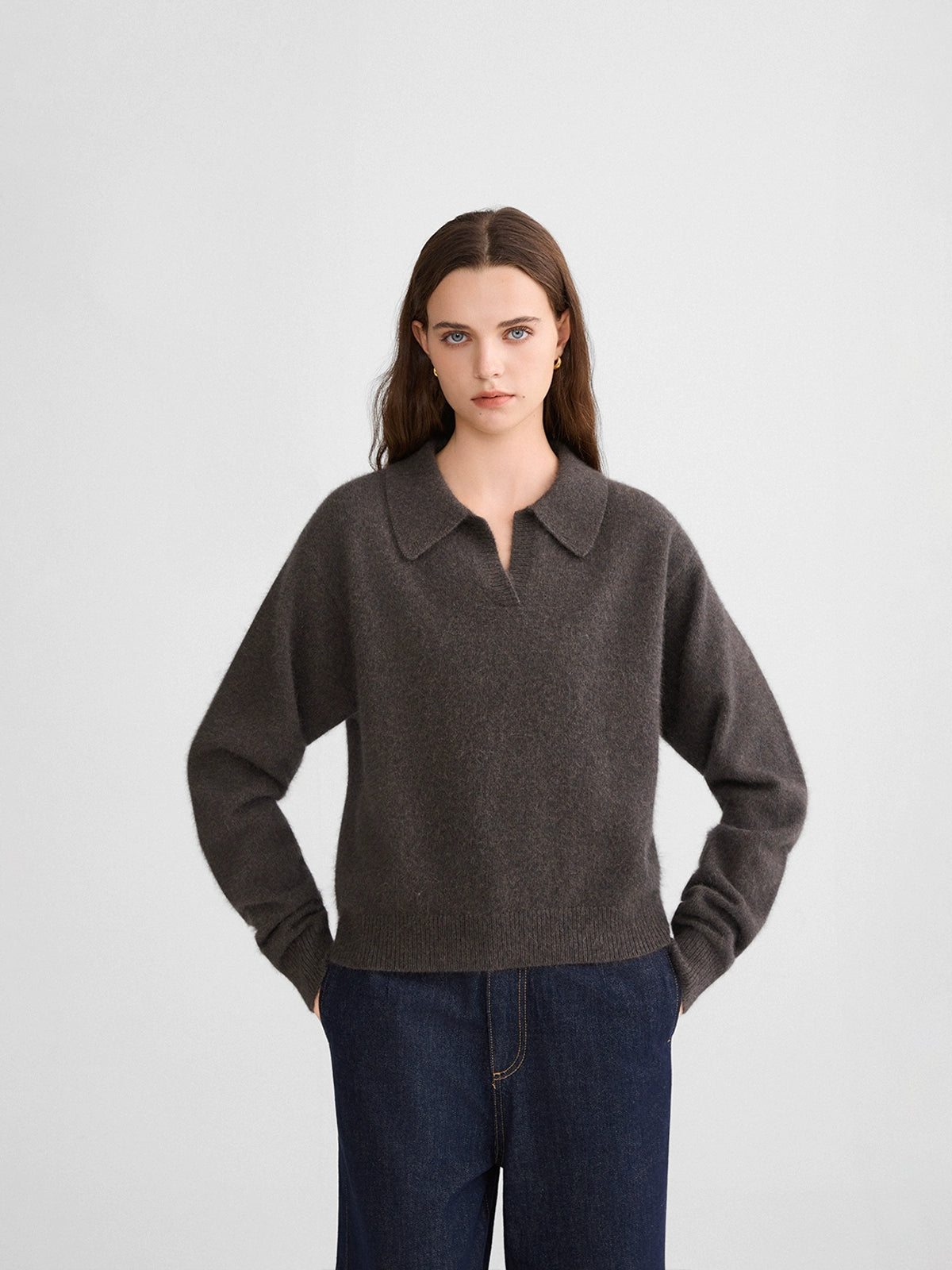 The rumah fox fleece POLO neck knitted sweater, cloud mousse retro V-neck long-sleeved knitted POLO shirt