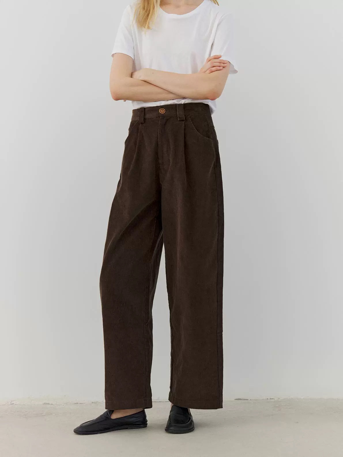 Discount special the rumah brown corduroy casual pants, retro high-waisted versatile trousers, velvet three-dimensional