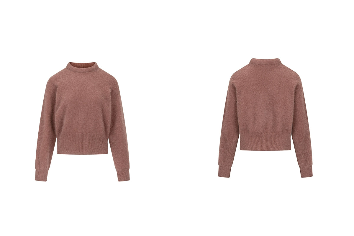 The rumah balloon neck fox fleece knitted sweater cloud mousse short slim knitted crew neck top