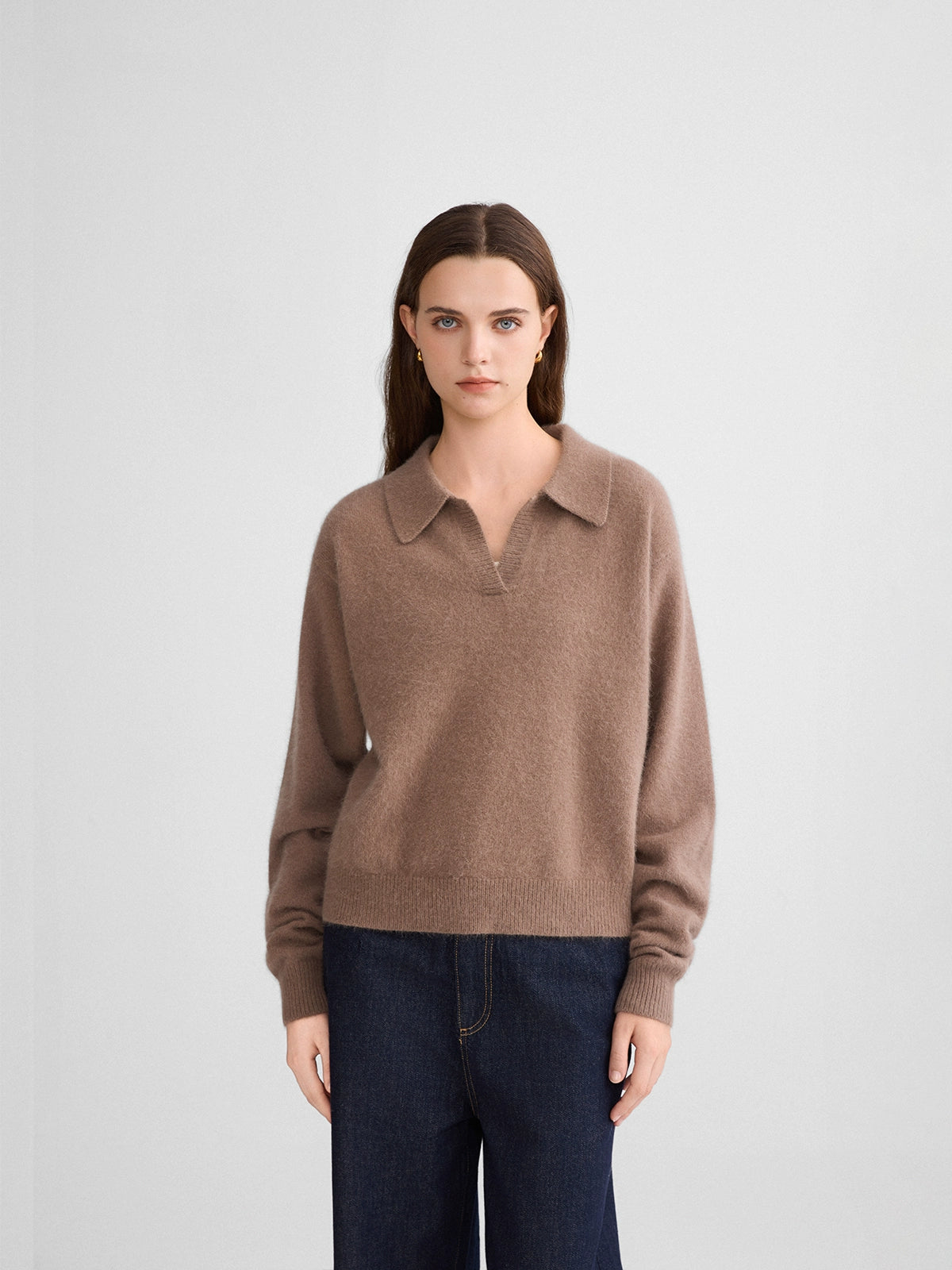 The rumah fox fleece POLO neck knitted sweater, cloud mousse retro V-neck long-sleeved knitted POLO shirt