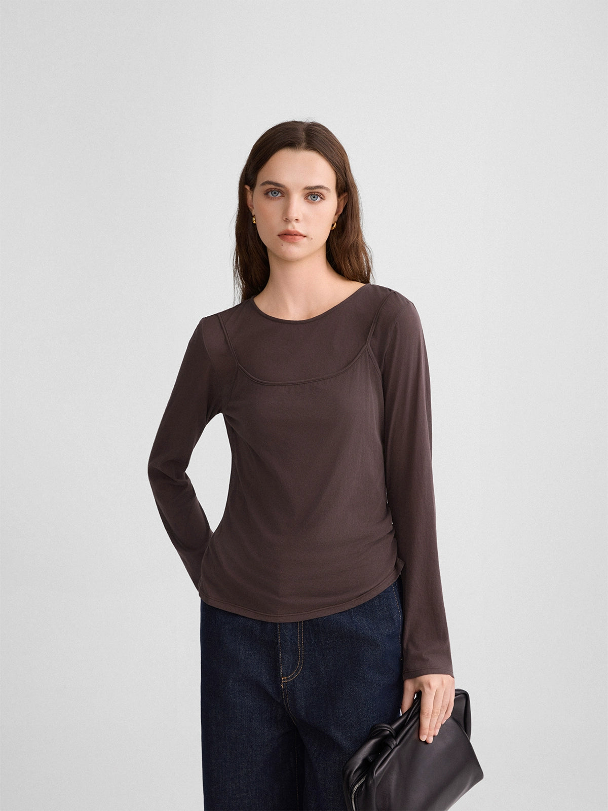 Therumah fake two-piece suspender T-shirt, imported fabric MIU style stacked autumn versatile slim-fitting bottoming shirt