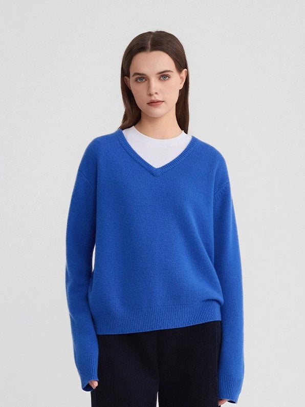 The rumah cashmere V-neck knit top, multi-colored 17.5 micron Basulan shrink-resistant and pilling-resistant