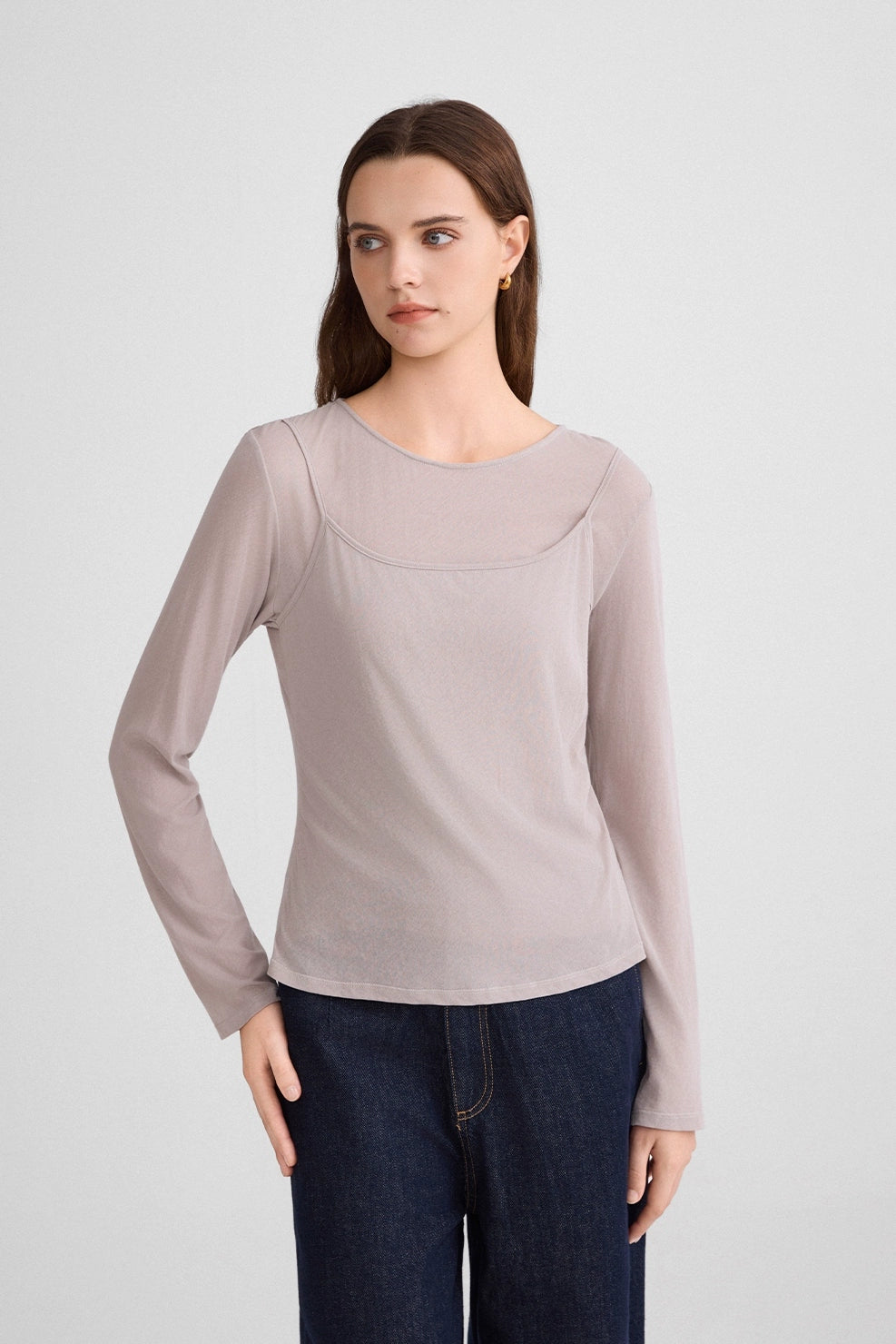 Therumah fake two-piece suspender T-shirt, imported fabric MIU style stacked autumn versatile slim-fitting bottoming shirt