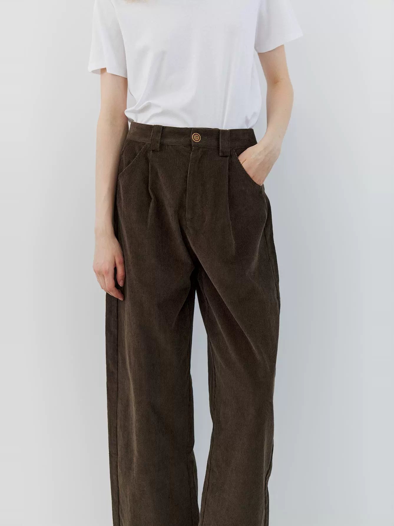 Discount special the rumah brown corduroy casual pants, retro high-waisted versatile trousers, velvet three-dimensional
