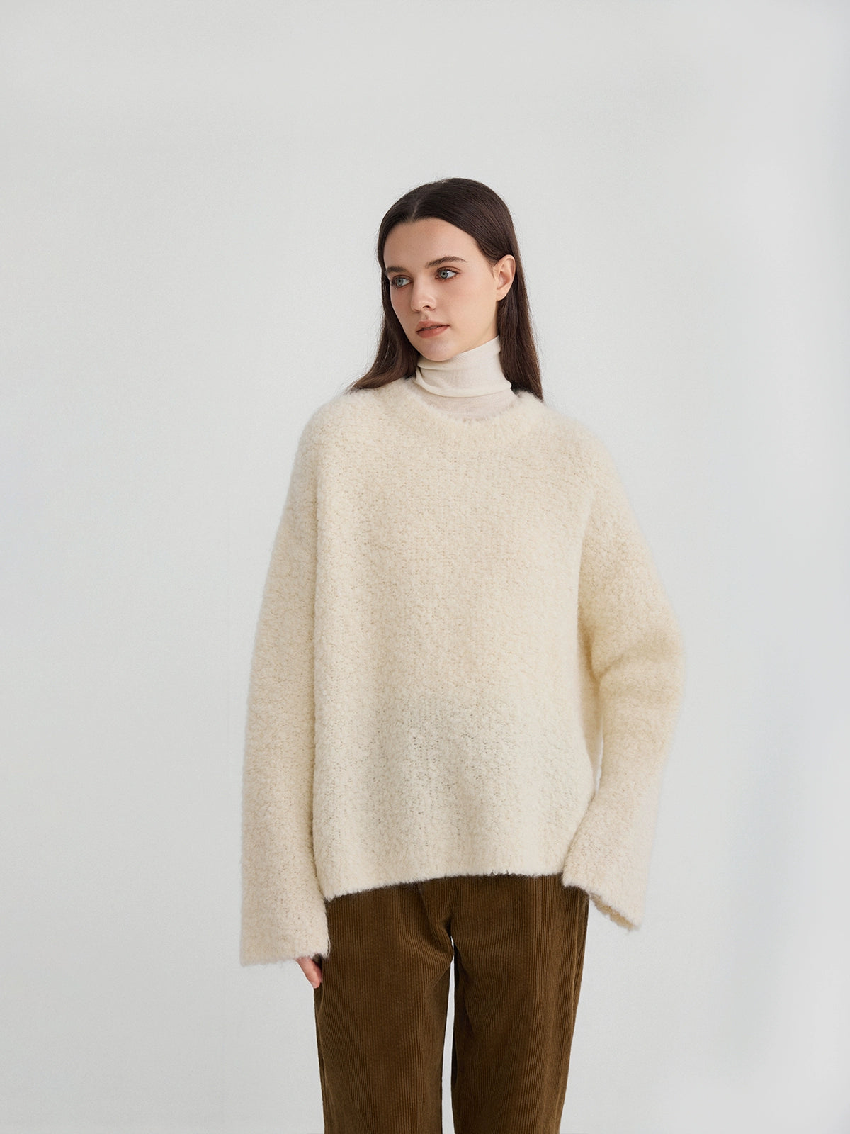 Therumah milk white teddy silhouette sweater three-dimensional cut alpaca chicory soft waxy loop yarn knitted sweater