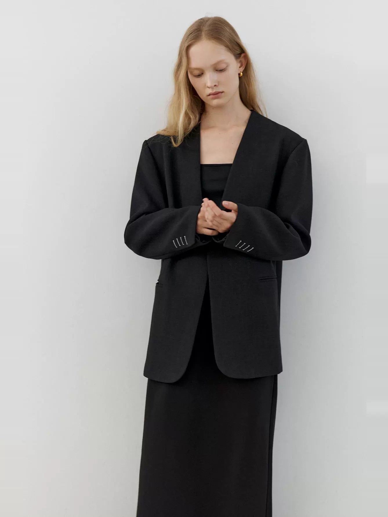 Therumah collarless blazer, imported double-shearing wool cuffs contrasting color outer stitching casual suit