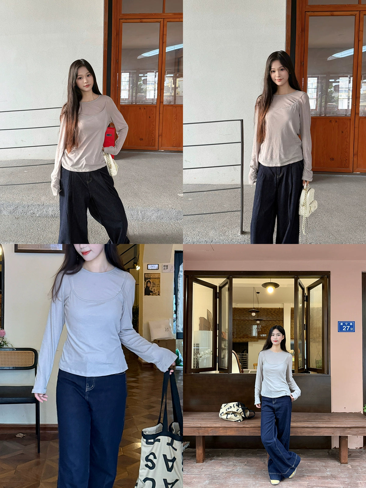 Therumah fake two-piece suspender T-shirt, imported fabric MIU style stacked autumn versatile slim-fitting bottoming shirt