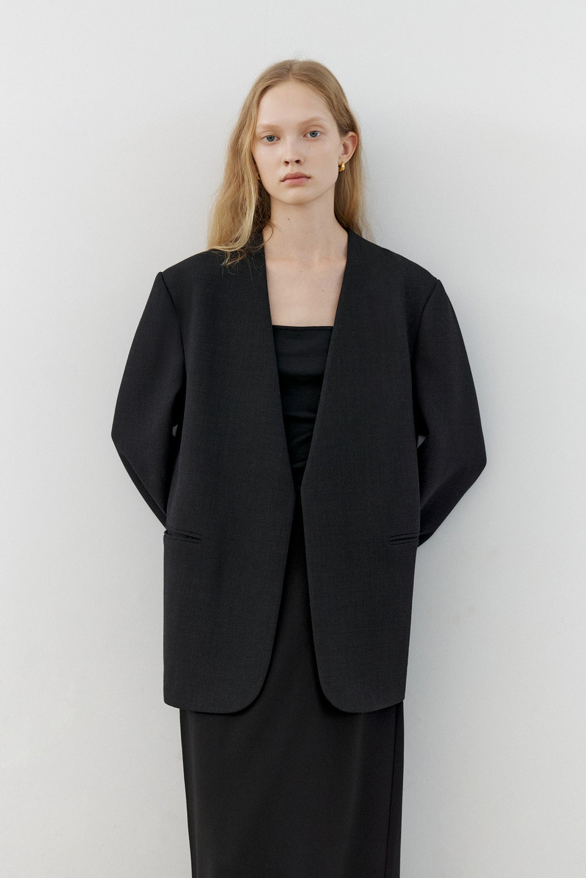 Therumah collarless blazer, imported double-shearing wool cuffs contrasting color outer stitching casual suit