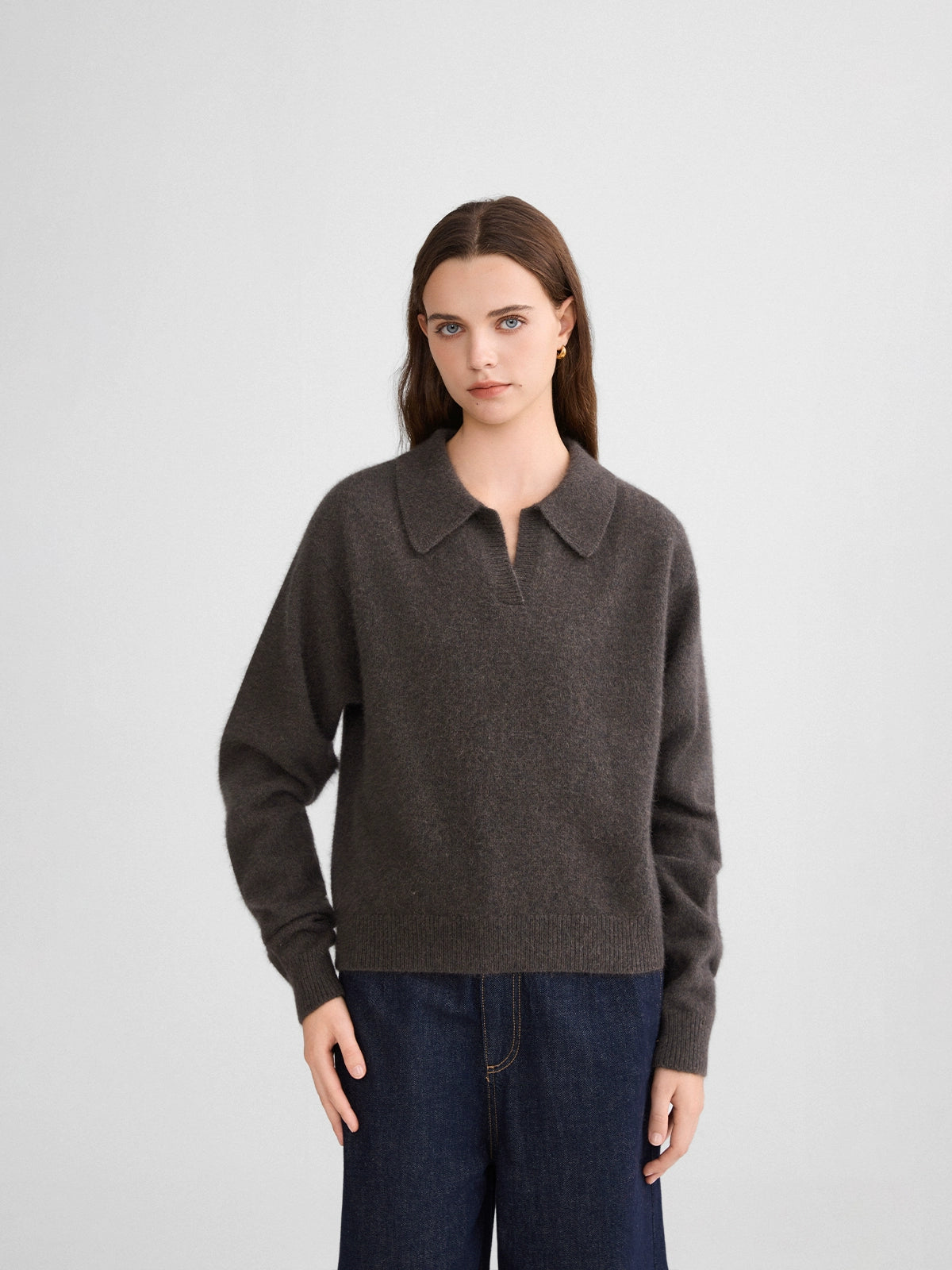 The rumah fox fleece POLO neck knitted sweater, cloud mousse retro V-neck long-sleeved knitted POLO shirt